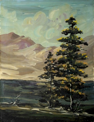 GERLACH Eugeniusz Pejzaż z drzewami na tle gór