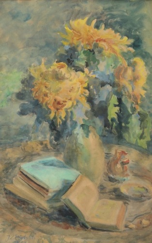 PRZYBYLSKA J.Z. Martwa natura z kwiatami i otwartą książką (1966)