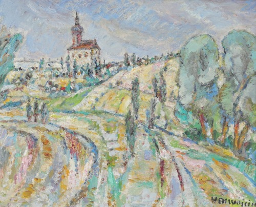 WÓJCIK Henryk Pejzaż z kościółkiem na wzgórzu